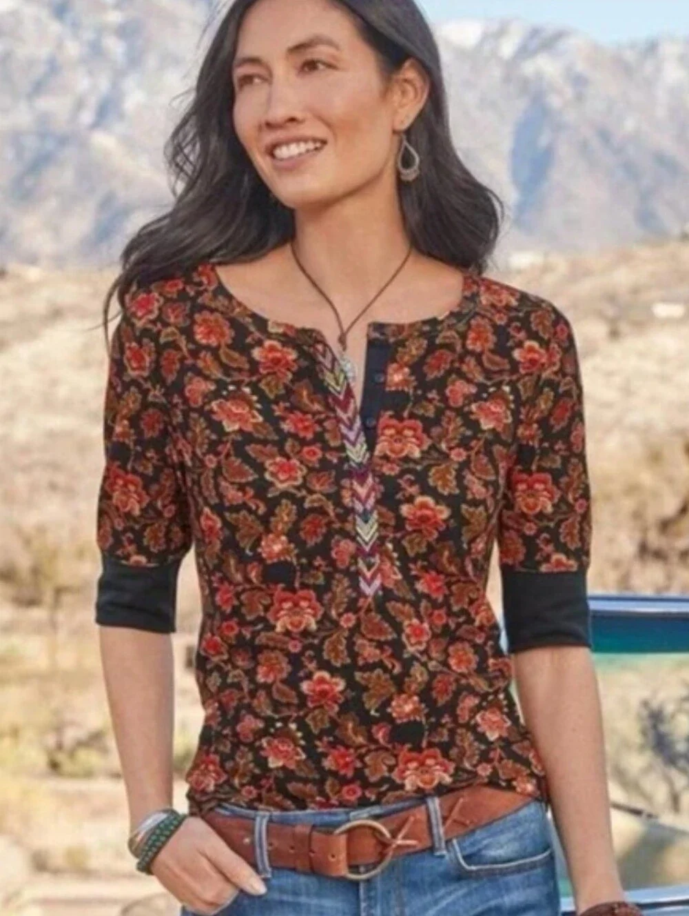 Sundance Cordelia Bloom Floral Print Thermal Henley Top Size Large Black Combo